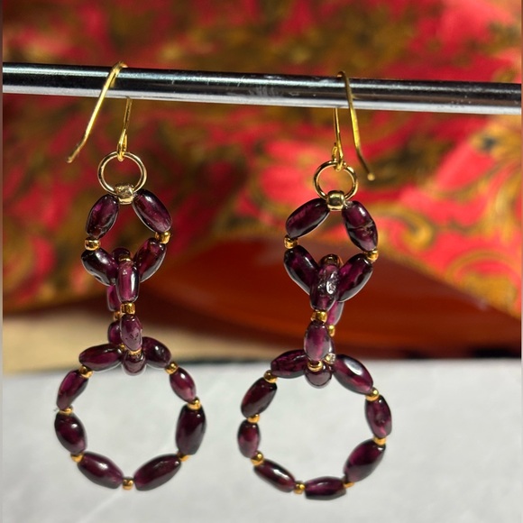 Elegant Hand Crafted Genuine Garnet Rice Beaded Earrings 3 inches - Picture 3 of 4